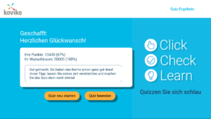 7. Das ErgebnisDas große Ziel sind 100 % richtig beantwortete Fragen. Das Ergebnis lässt sich in einem Ranking anzeigen oder in einem LMS verarbeiten.