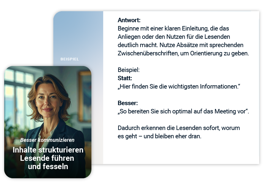 Workshop-Szene mit Moderatorin und Beispielen für bessere Kommunikation