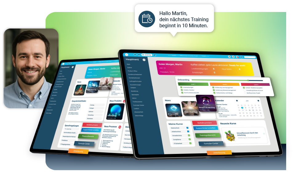 Benutzeroberfläche einer modularen Lernplattform mit Dashboard-Ansicht